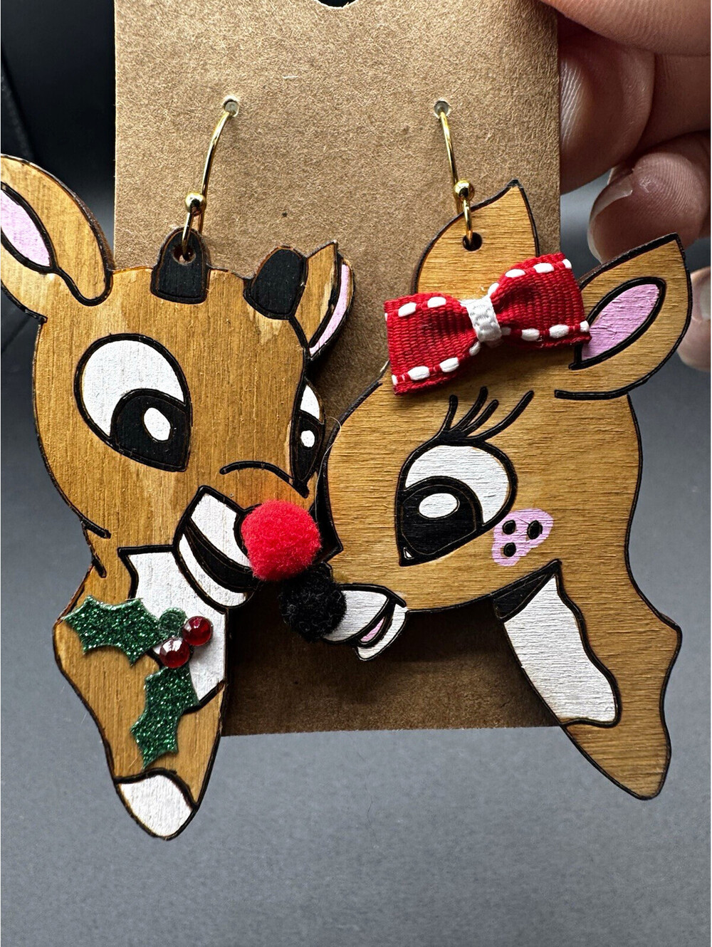 Rudolph & Clarice Wood Earrings Christmas Reindeer Holiday Dangle Statement
